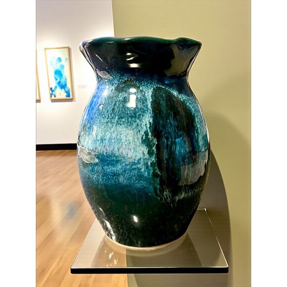 DK Clay Ocean Blue Ruffle Rim Vase-North Carolina Studio Pottery-6''-Stoneware - Picture 2 of 7